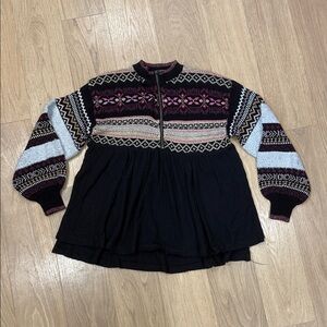 Free People Cozy Cottage Sweater in Black Multicolor Fair Isle Pattern Size XS